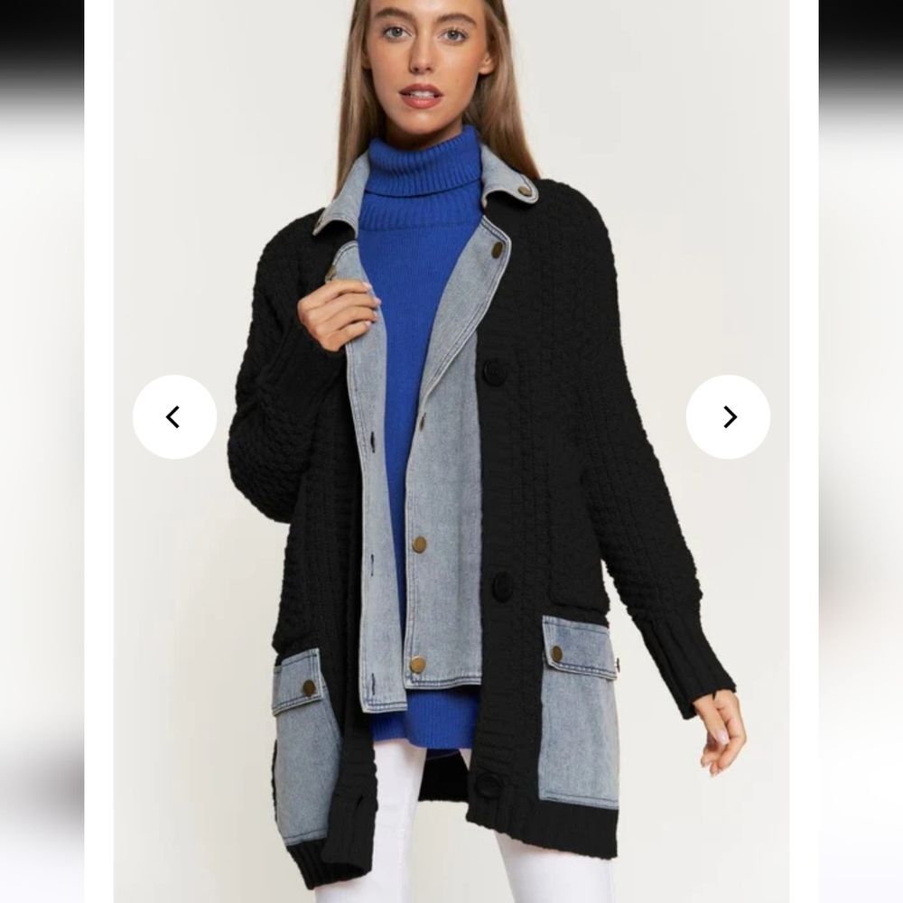 Davi & Dani Denim Collar Black Chuncky Knit  Button Front Cardigan Oversized S - Picture 14 of 14